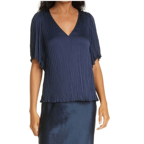 VINCE Flutter Sleeve Crushed Satin Top In Coastal, Navy Blue, Sz Large, MP $295 - Picture 1 of 13